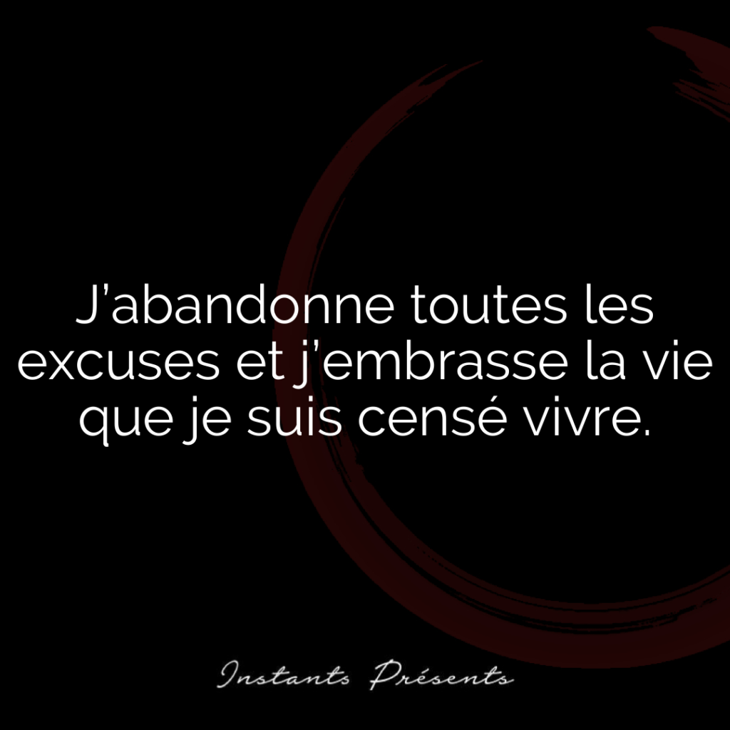 J’abandonne toutes les excuses et j’embrasse la vie que je suis censé vivre.